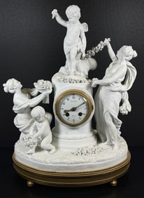 19C Sevres Style French Bisque & Bronze Allegorical Grouping Clock
