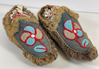 Pair of Native American Beaded & Fur Moccasins