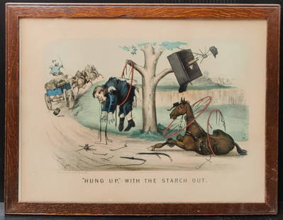 Currier & Ives Print, Worth 1878 "HUNG UP,"- WITH THE STARCH OUT.": Publisher Currier & Ives (New York, 1857–1907) art by Thomas B. Worth (New York, 1834 - 1917) 1878 hand colored lithograph titled "HUNG UP,"- WITH THE STARCH OUT.". Notes in the lower border and
