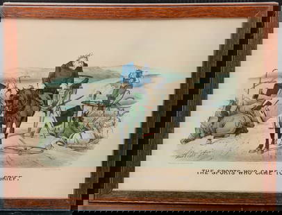 Currier & Ives Print, Worth 1881 "THE SPORTS WHO CAME TO GRIEF.": Publisher Currier & Ives (New York, 1857–1907) art by Thomas B. Worth (New York, 1834 - 1917) 1881 hand colored lithograph titled "THE SPORTS WHO CAME TO GRIEF.". Notes in the lower border and 115
