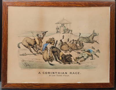 Currier & Ives Print, Worth 1883 "A CORINTHIAN RACE. A Low Toned Finish.": Publisher Currier & Ives (New York, 1857–1907) art by Thomas B. Worth (New York, 1834 - 1917) 1883 hand colored lithograph titled "A CORINTHIAN RACE. A Low Toned Finish.". Notes in the lower border
