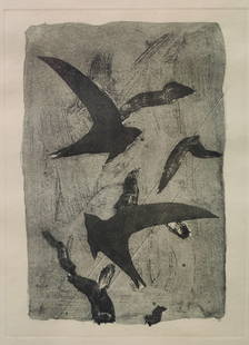 George Braque Collectors Guild Etching Titled "BIRDS IN FLIGHT": After Georges Braque (France, 1882 - 1963) etching in good condition, with toning, minor foxing and rippling to the paper. A nice deep plate strike is visible under the glass. Framed in the original