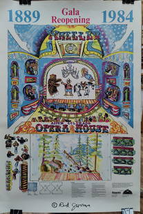 Red Grooms Pop Art Wheeler Opera House Poster, 1889 - 1984: Red (Charles Rogers) Grooms (New York, Tennessee, b. 1937 - ) Pop Art "Wheeler Opera House" Gala Reopening, Aspen, Colorado, un-cut cut out construction poster, co-published with Shark's Lithography a