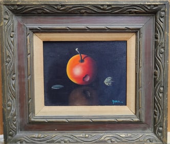 Surrealist O/C Still Life Floating Apple and Peach Pit Signed Barr
