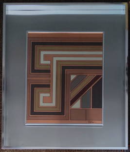 Paul Stephens For Greg Copeland MCM 3D Op Art c. 1980s: Paul Stephens (New York, b. 1957 - ) for Greg Copeland Design, New Jersey, 3D Op Art. A bronze, browns and tan Op Art geometric designed work floating, in a Copeland decorative 3 dimensional frame