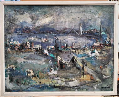 Alex Redein O/C Painting Titled Downtown New York c. 1970s: Alexander Redein (New York, Connecticut, 1912 - 1990) O/C titled "Downtown New York" c. 1970s. Good condition, with dirt accumulation and minor craquelure. Simply period framed in a white painted