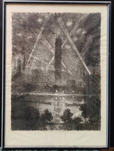 Joseph Pennell Lithograph Titled "Shot", English War Works, 1916: Joseph Pennell (Pennsylvania, New York, United Kingdom, 1857 - 1926) lithograph on laid paper. Print is in good condition, with toning, mat burn from being previously matted, wrinkling and foxing. Pri