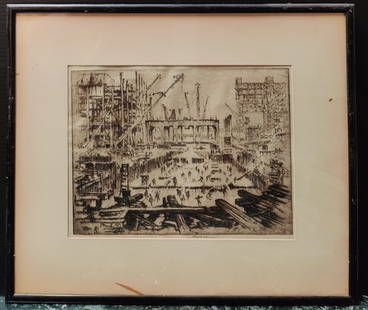 Joseph Pennell Etching, Hudson Ave Foundation, Brooklyn Edison: Joseph Pennell (Pennsylvania, New York, United Kingdom, 1857 - 1926) Etching is in good condition, with toning and foxing. Print is pencil signed and signed in the printers plate, dated 1923. This is