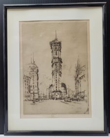 Joseph Pennell Etching, Times Building, Broadway & 42nd St, 1904