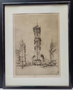 Joseph Pennell Etching, Times Building, Broadway & 42nd St, 1904: Joseph Pennell (Pennsylvania, New York, United Kingdom, 1857 - 1926) Etching The Times Building, Broadway & 42nd St, Before Completion, 1904. Print is in very good condition, with toning and foxing. P