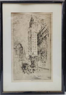 Joseph Pennell Etching, Park Row, NYC, The Highest of All, 1904: Joseph Pennell (Pennsylvania, New York, United Kingdom, 1857 - 1926) Etching Park Row, New York, The Highest of All, 1904. Print is in very good condition, with toning and foxing. Print is pencil sign