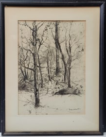 Fae Woolf Landscape Charcoal Drawing of Winter Trees, 1974