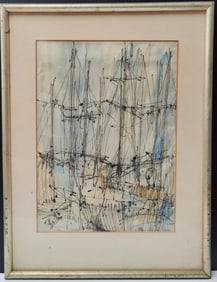 Illegibly Signed Ink & W/C of Modernist Sailboats Docked