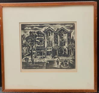 Scarce Julius Hubler Lithogarph in the WPA Style of Benton: Julius Hubler (Illinois, New York, 1919 - 2003) city street etching c. 1940s in the style of Thomas Hart Benton. Very good condition, with toning visible under the glass and nicely period framed in a