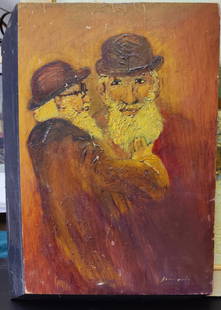 James Bourquin O/B Modernist Rabbis in Conversation: James Emile Bourquin (New York, Oklahoma, Switzerland, 1875 - 1956) O/B painting of Rabbis in Conversation. Framed in a 3D angular integrated box framing. Good condition, with scuffing, edge wear and