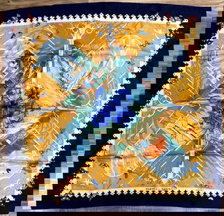 Hermes Varangues Silk Scarf Dimitri Rybaltchenko: Dark blue ground with flowers and butterflies. 90 x 90 cm. Overall excellent unworn condition.