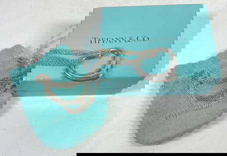 Tiffany & Co. Elsa Peretti Sterling Silver Open Heart Pendant Mesh Necklace: Infinity necklace length is approx. 30.25 inches. Signed Tiffany & Co., Elsa Peretti, 925, Spain. Total weight 23.8 grams. Comes with pouch and box.