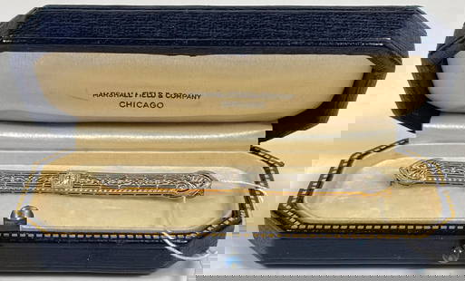 Art Deco 14k White & Yellow Gold & Diamond Bar Pin: Marked 14k on the clasp. Diamond approx 1/8 carat. Weighs 2.5 dwt (4 grams). Measures 2.75 inches long.