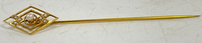 Art Deco 14k Yellow Gold & Seed Pearl Stick Pin