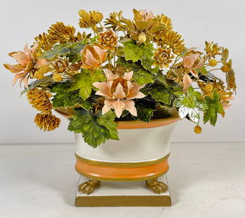 Fleurs Des Siècles Enamel Flower Bouquet for Gorham: Arrangement of enamel flowers, "Fleurs Des Siecles" by Jane Hutcheson for Gorham, circa 1970s. Enamel flowers, in a porcelain container with gold gilt details and paw feet.Measures: 10 inches wide x 7