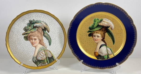 Lot of 2 Hand Painted Porcelain Portrait Plates: Neither have mark. Cobalt plate measures 9.25 inches in diameter, gold trim plate measures 8.75 inches in diameter. Both have no chips or cracks, overall good condition.