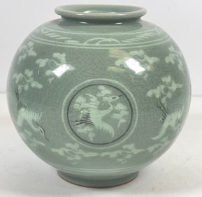 Vintage Asian Celadon Stork Vase