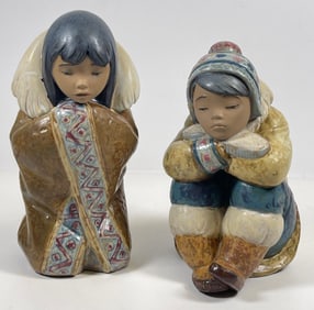 Lot of 2 Lladro Figurines Pensive Eskimo Boy & Arctic Winter