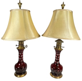 Pair Bohemian Ruby Red Cut to Clear Lamps