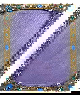 Austrian Brass Bohemian Glass Jewel Picture Frame: Fine antique Austrian jeweled picture frame. Features high quality glass rhinestones and faux genstone cabochons with enamel work throughout. Window measures 9" x 7". Frame measures 10.25 inches x 8.2