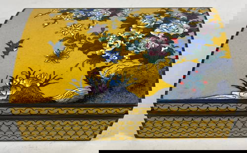 Vintage Japanese Cloisonne Trinket Box: Floral pattern, yellow ground. Measures 2.25 inches high, 6.625 x 4.25 rectangular. Overall fair condition, top is detached - no damage to the enamel. Please see photos.