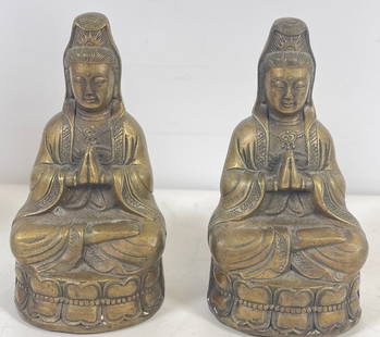 Pair Qing Dynasty Bronze Chinese Guanyin Statues: Measures approx 5 inches high, marked on the base. Overall good condition. Please see photos.
