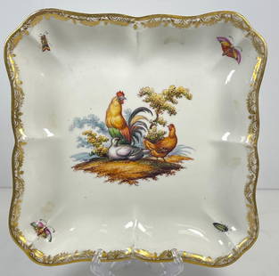 c1870 Meissen Porceiain Square Shape Bowl Roosters: Blue crossed swords mark with cancellation marks. Plate measures approx 8 inches square, 1.25 inches high. Overall good condition, no chips or cracks.