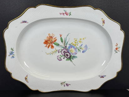 19th Century Hand Painted Floral Meissen Platter: Basket weave border with hand painted floral pattern. Overall good condition with no chips or cracks. Measures 18.5 inches long x 14 inches wide.