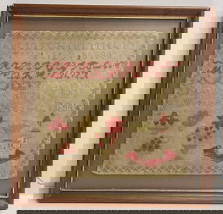 19th Century Sampler dated 1890: Flowers and a cat, dated 1890., Frame measures 17 inches square. Sampler measures 12 x 13 inches. Overall good condition, please see photos.