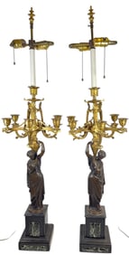 Pair of Neoclassical 2 Toned Bronze Figural Candelabras