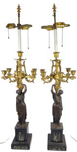 Pair of Neoclassical 2 Toned Bronze Figural Candelabras: Converted to electric, female figures holding candelabra standing on two toned marble base. In working condition. Measurement to top of finial: 38", 9" wide.