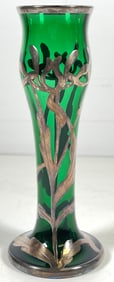 Art Nouveau Sterling Overlay Art Glass Vase