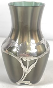 Art Nouveau Sterling Overlay Art Glass Vase