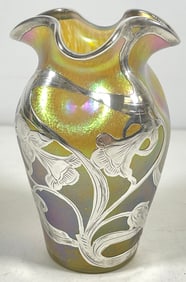 Art Nouveau Sterling Overlay Loetz Iridescent Art Glass Vase