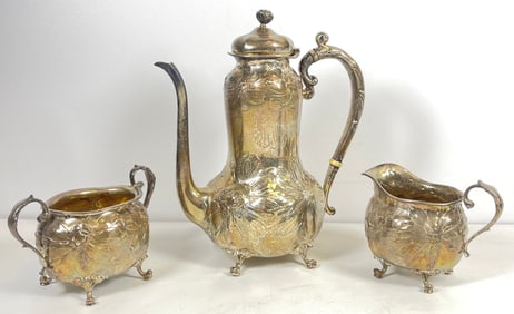 c1900 Gorham Sterling Silver Repousse 3 Piece Tea Set