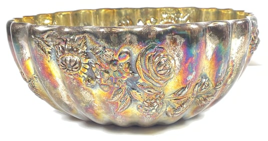 c1900 Sterling Silver Repousse Bowl with Gold Wash Interior