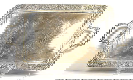 19th Century Luen Wo Chinese Export Silver Bamboo Handled Tray
