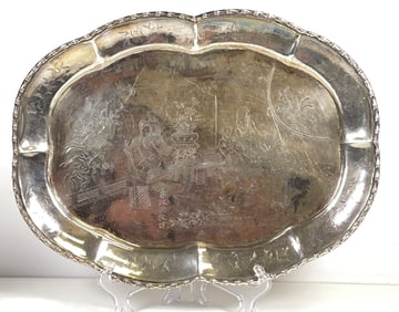 Antique Chinese Export Silver Etched Tray