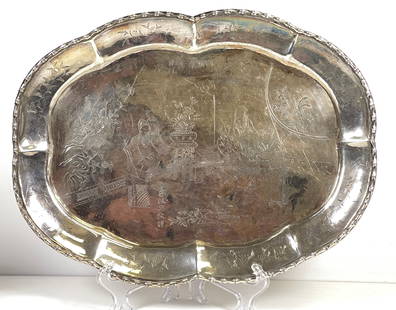 Antique Chinese Export Silver Etched Tray: Etched floral design around rim, figural scene in center with a baboo rim. Measures 12 inches long, 9 inches at its widest. Total weight 362 grams (11.6 ozt). Overall very good condition. Makers marks