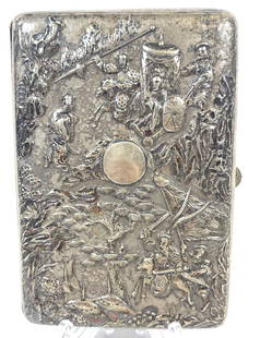 Antique Chinese Export Silver Cigarette / Card Case Luen Wo: A Chinese Silver Case embossed and chased with figural scenes among bamboo and pine trees on a matte background. The case has a hinged lid and a vacant oval cartouche and dates from around 1880.The re