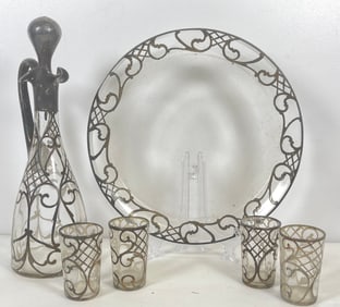 Vintage 6 Piece Crystal & Silver Overlay Cordial Set