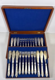 c1880 Svc 12 English Silver Plate & Mother of Pearl Fish Set