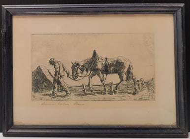Illegibly Signed Etching Titled His Dear Hana, Man & Horse