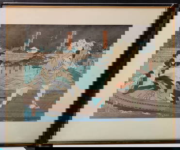 Utagawa Kunisada Japanese Woodblock Diptych Two Figures: After Utagawa Kunisada (Japan 1786 - 1865), aka Utagawa Toyokuni III Japanese ukiyo-e woodblock diptych, depicting two figures in a canoe. Good condition, with toning and minor fading. Both works are