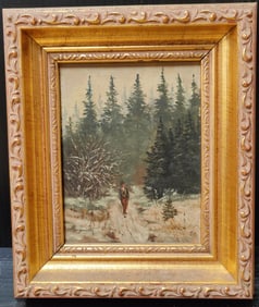 Illegibly Signed European School Winter Pine Trees Landscape